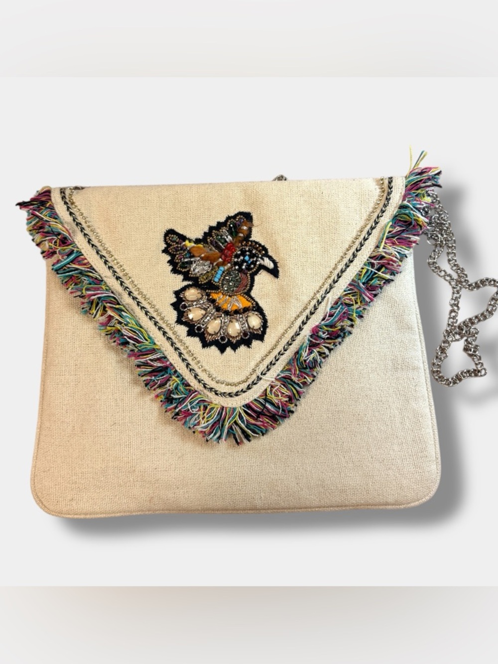 Steve Madden Crossbody Clutch Bag Jeweled Bird Boho Fringe Envelope Tan Festival